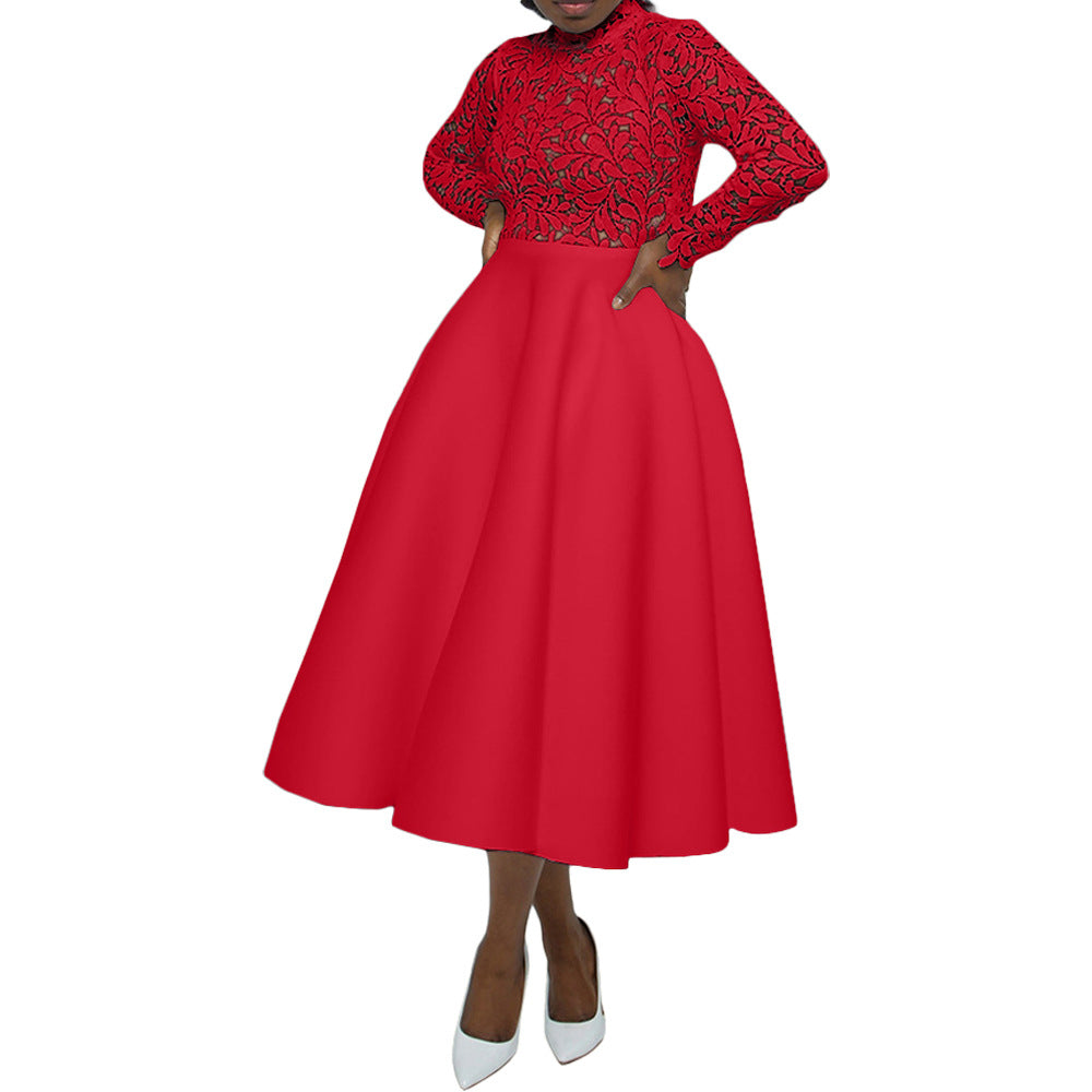 Women Fashion Solid Color Lace Petal Dress