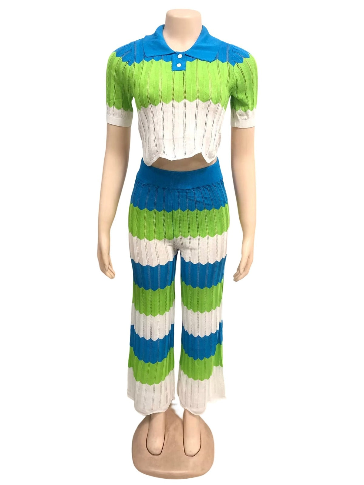 Women'S Fashion Polo Knit Short Sleeve Top with Wave Color