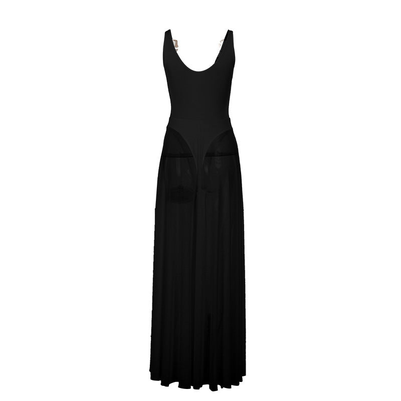 Women Elegant Mesh V-Neck Sleeveless Dress Polyester Slim Fit