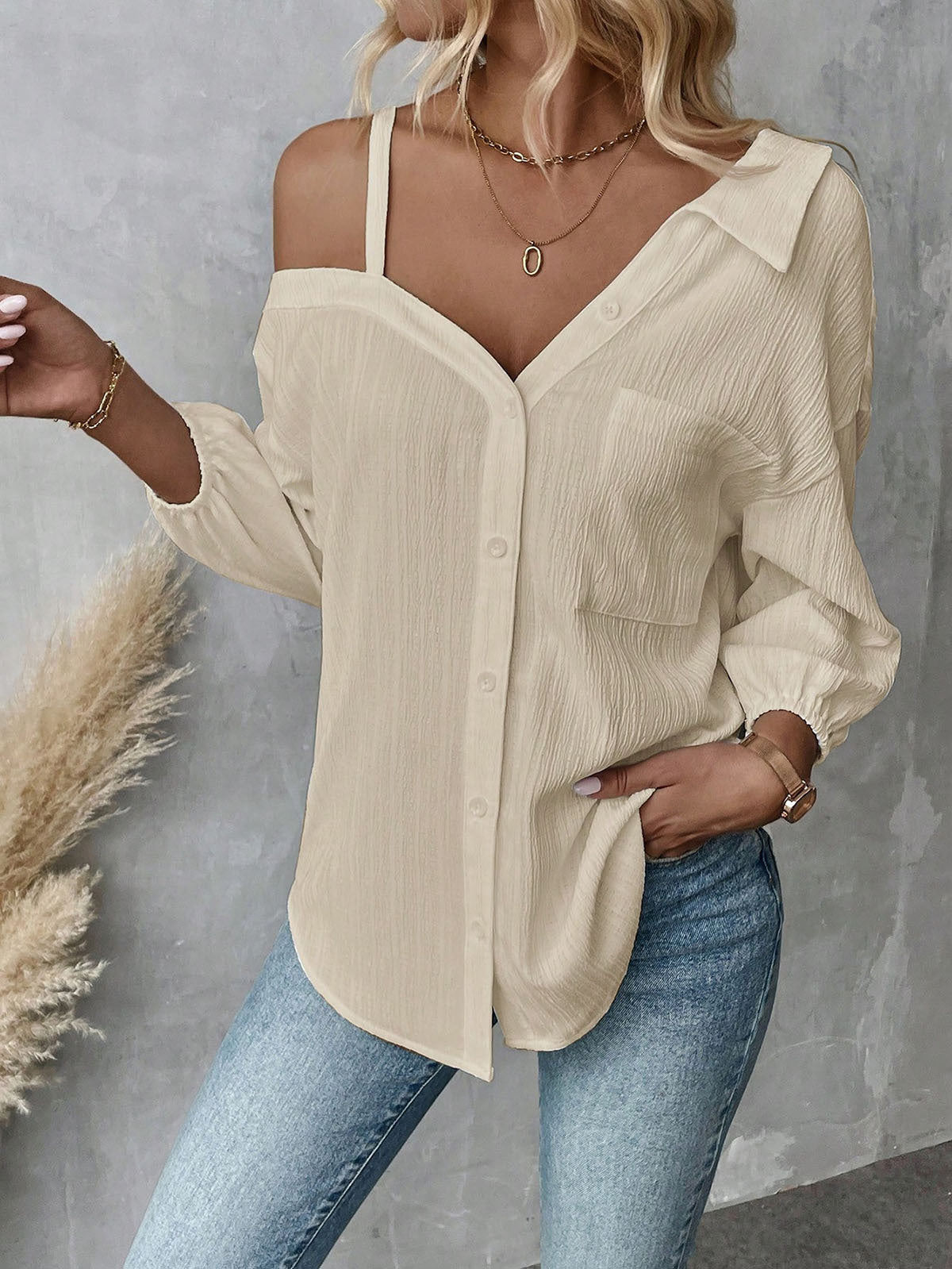 Women Fashion Sexy Solid Color Lapel Blouse