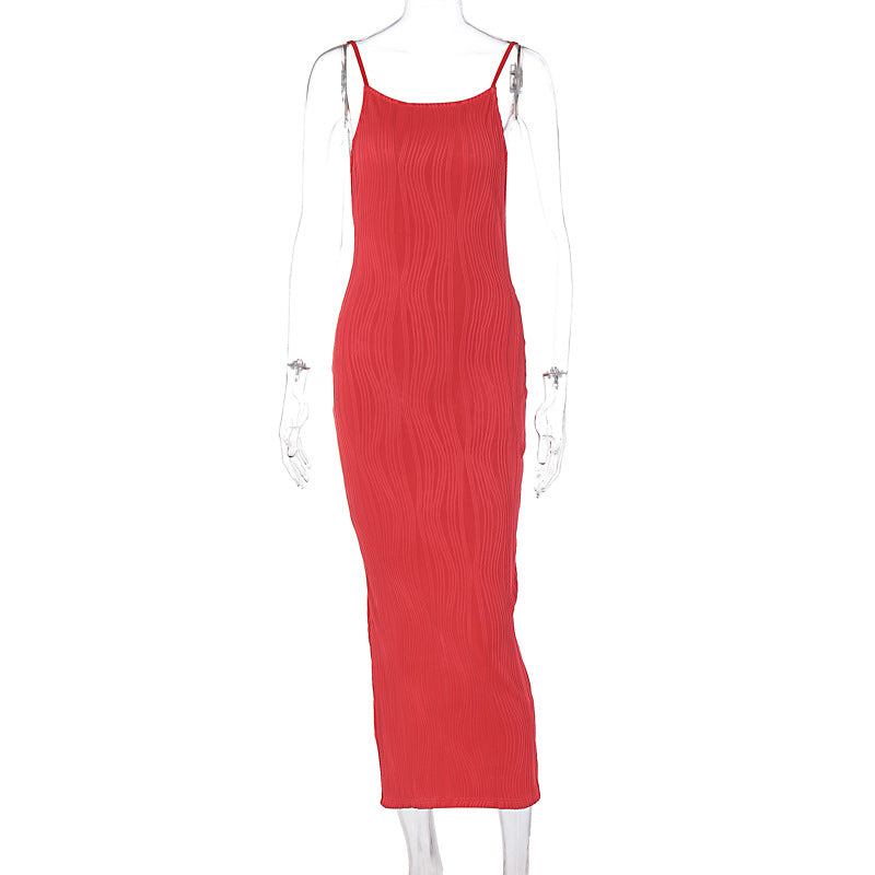 Women Fashion Sexy Solid Color Line Spaghetti Strap Dress
