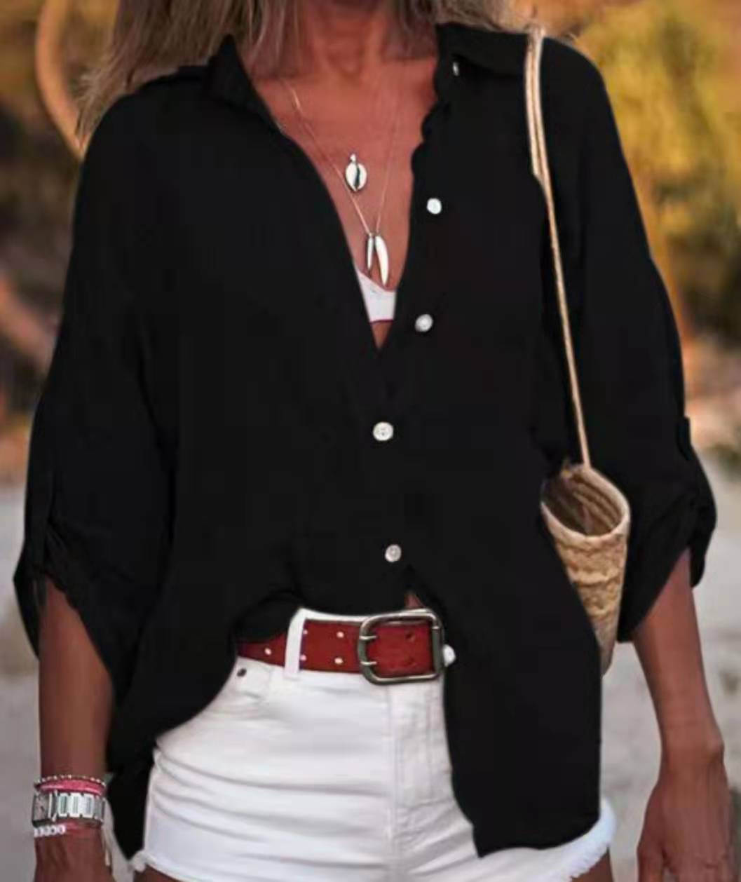 Women Casual Solid Color Long Sleeve Cotton Linen Shirt