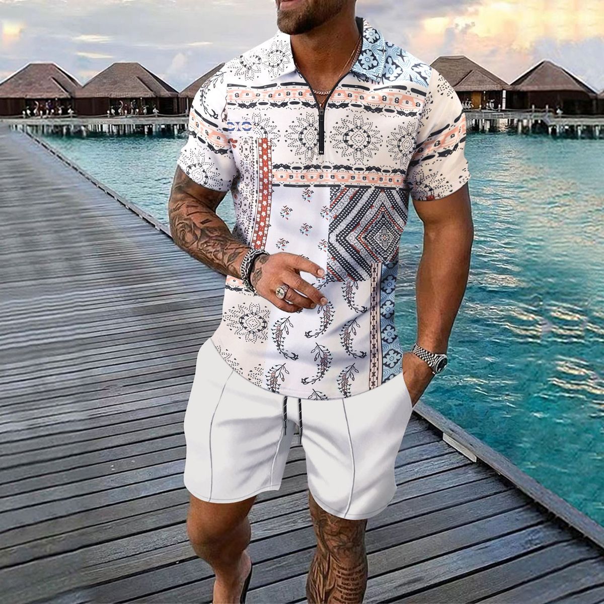 Conjunto de camiseta y pantalones cortos casuales de manga corta con estampado digital para hombre en mezcla de algodón