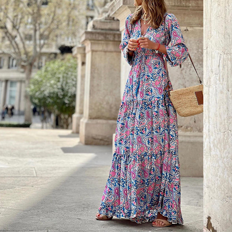 Vestido elegante de manga larga con cuello en V y estampado bohemio para mujer
