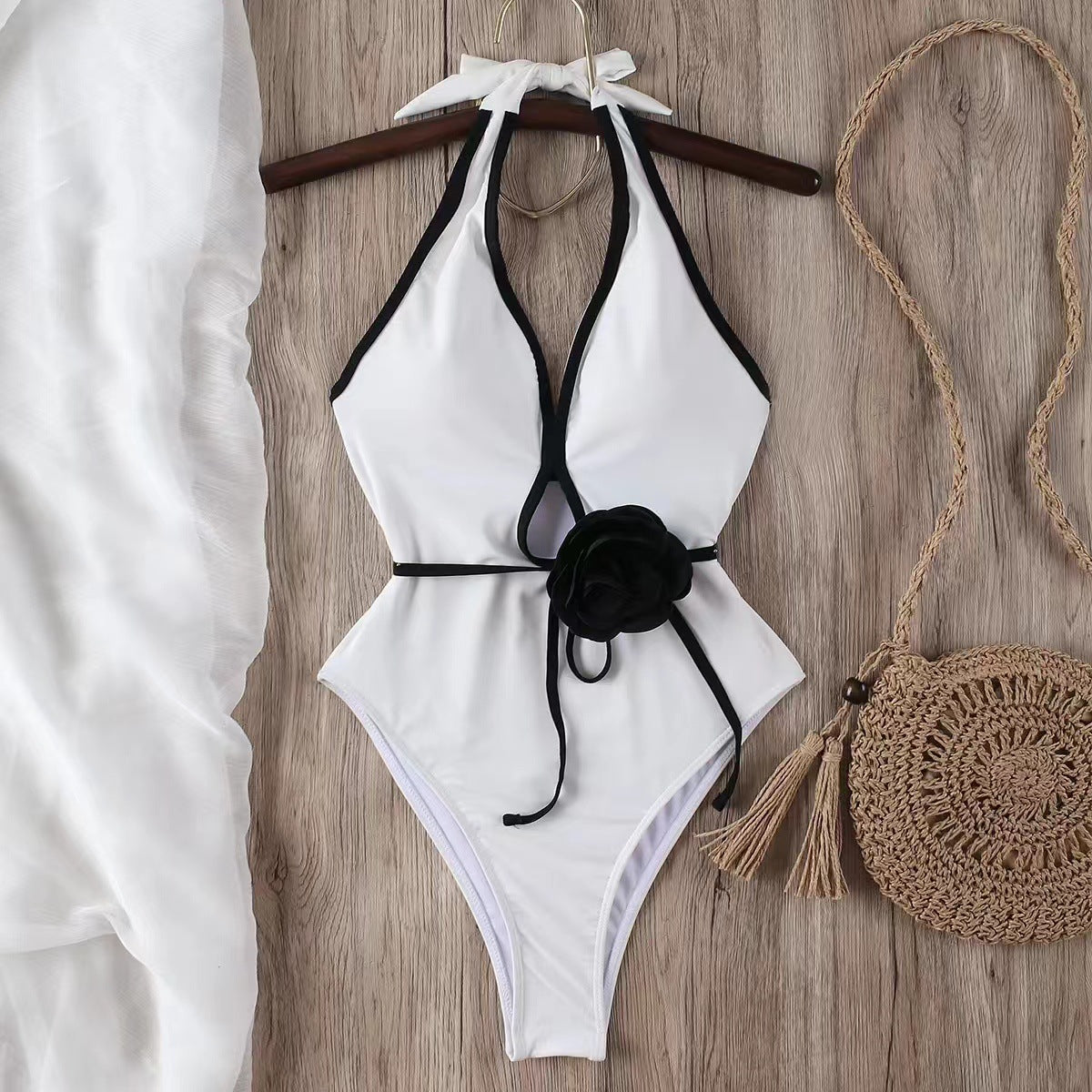 Maillot de bain une pièce à col floral contrasté pour femme