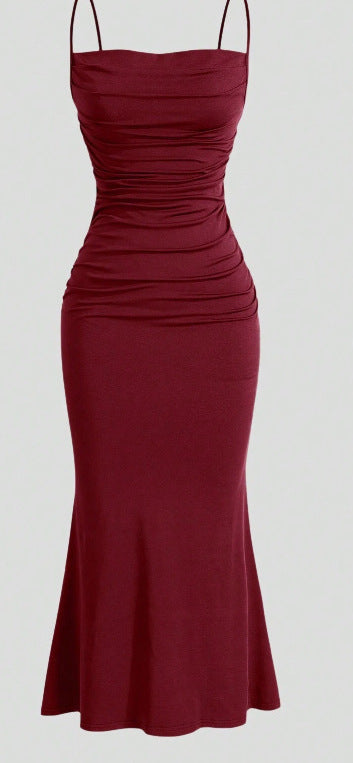 Vestido midi plisado con tirantes finos para mujer, de poliéster, color liso