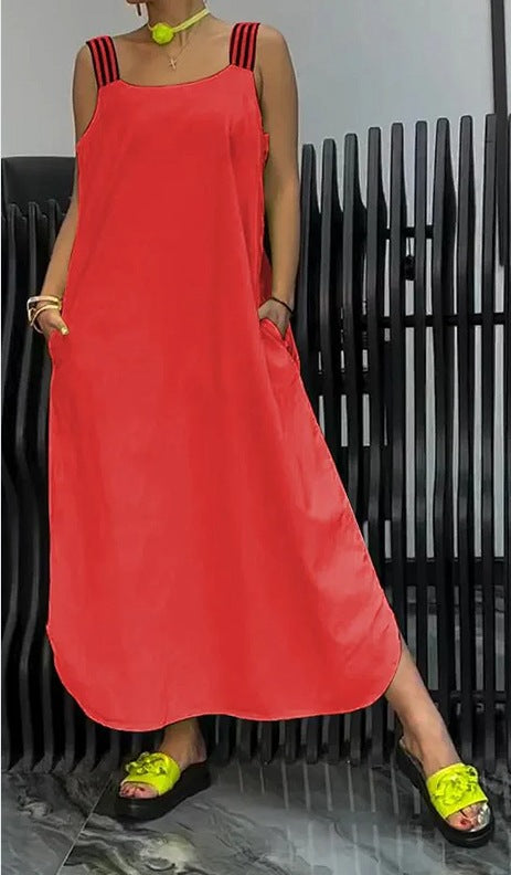 Vestido informal de algodón y lino de color liso para mujer