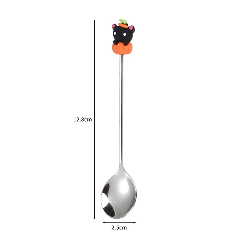 Tenedor y cuchara de acero inoxidable para postres y frutas con dibujos animados de Halloween.