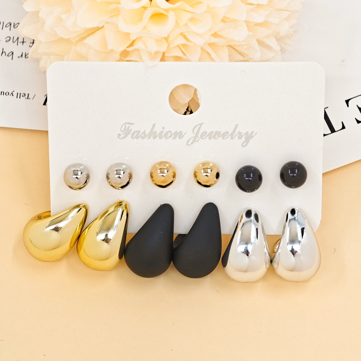 Women Fashion Solid Color Resin Water Drop Earrings 3-Pair Set