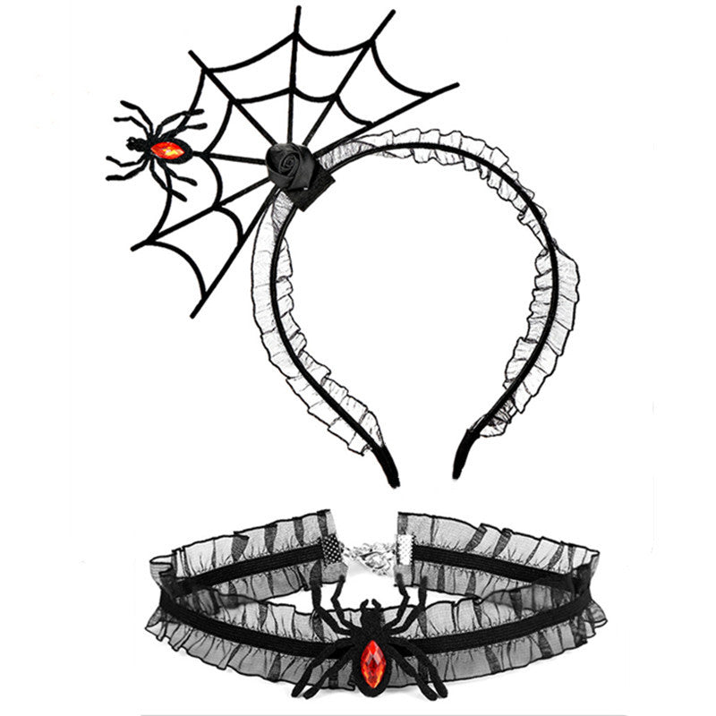 Ensemble de bijoux ras du cou en dentelle avec bandeau en toile d'araignée noire pour femme, idéal pour Halloween