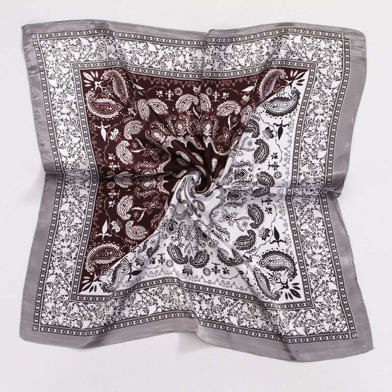 Grand foulard carré en satin imprimé mode femme, joli motif floral