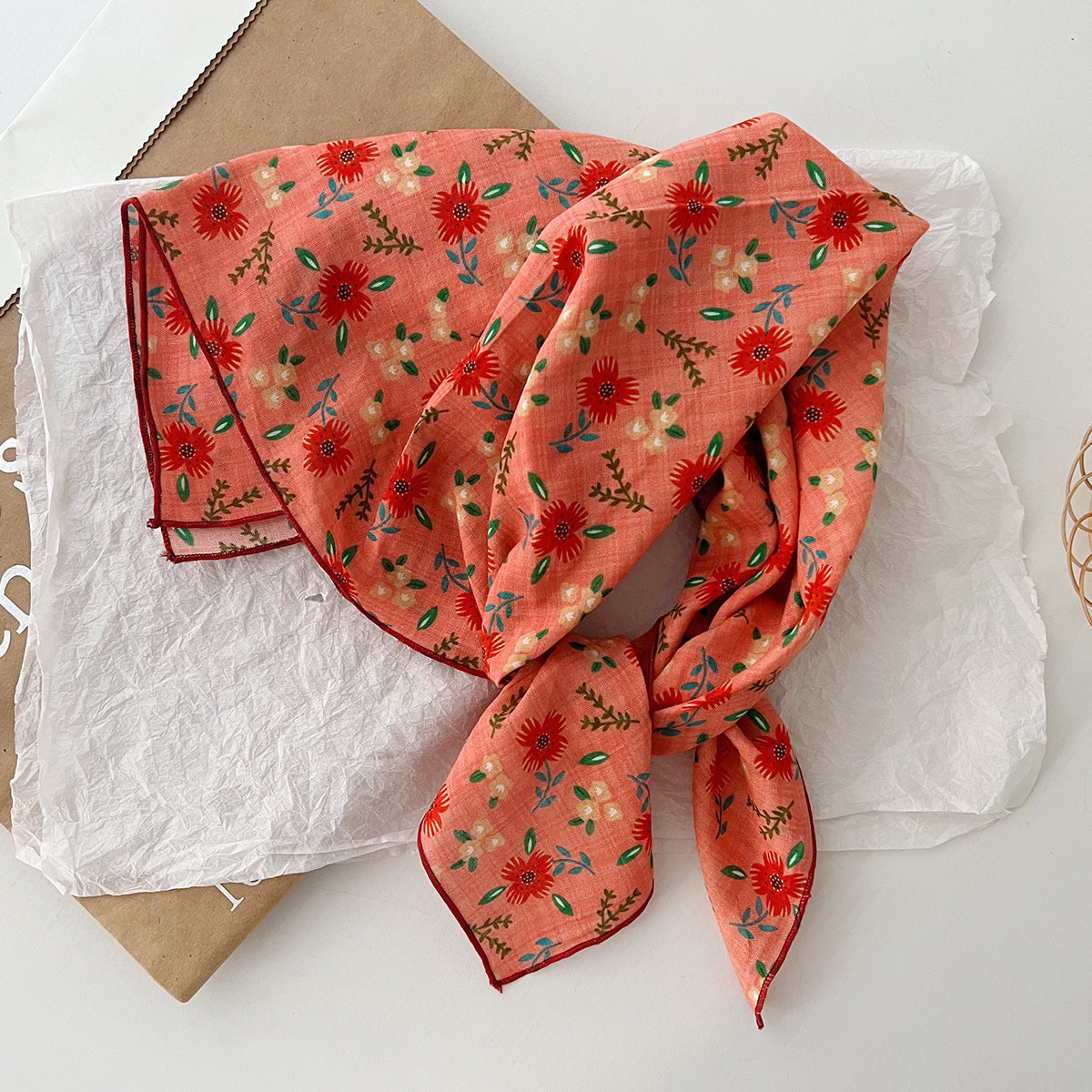 Women Casual Floral Printed Square Silk Scarf Cotton Fashion Accessory