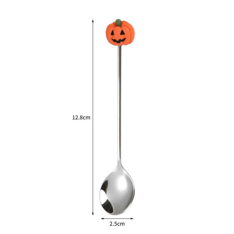 Tenedor y cuchara de acero inoxidable para postres y frutas con dibujos animados de Halloween.