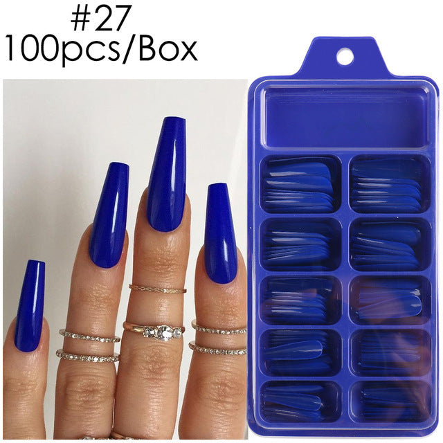 Uñas postizas con diseño de caja azul y pegatinas completas para usar en ballet largo