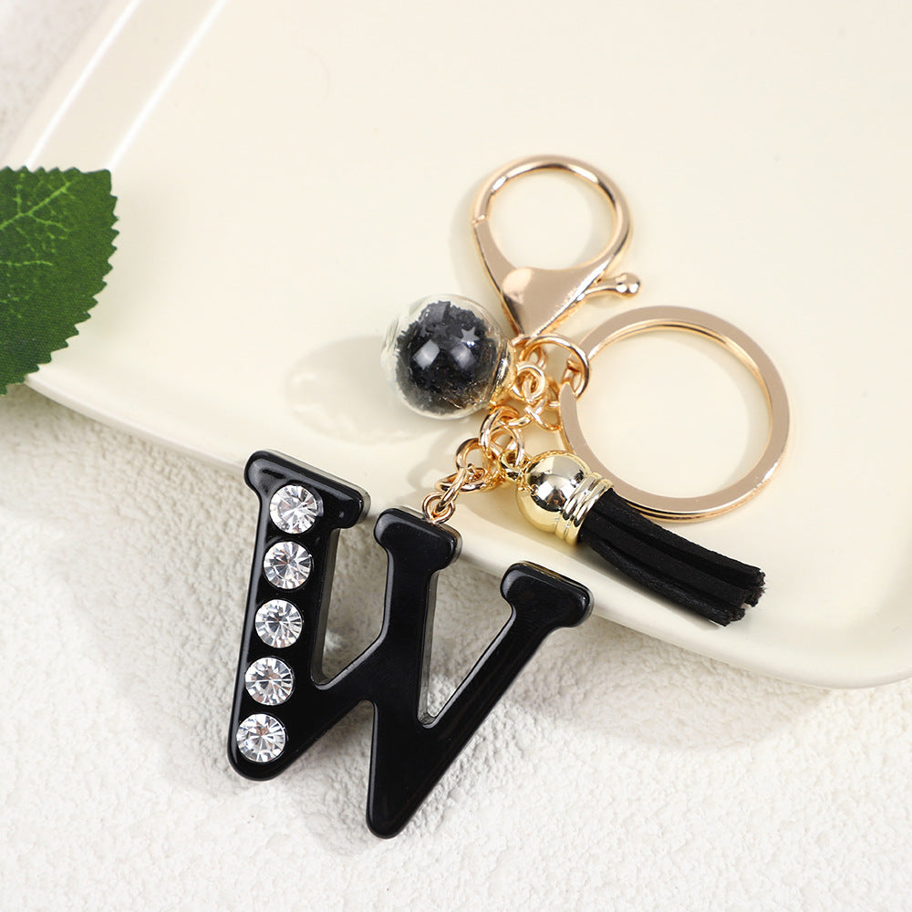 Llavero de resina negra con letras de diamantes de imitación, accesorio de arte moderno