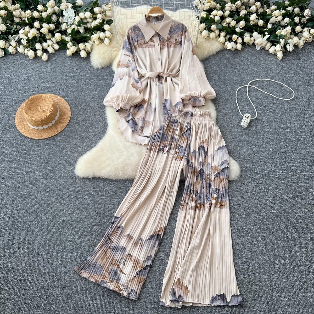 Women Casual Printed Blouse and Wide Leg Pants Set