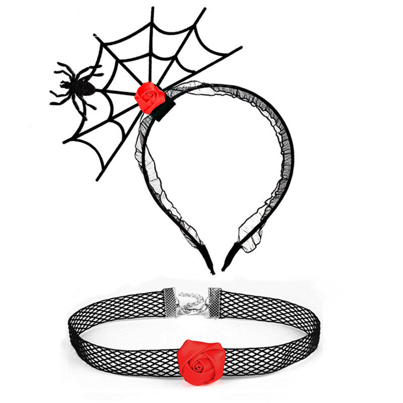 Ensemble de bijoux ras du cou en dentelle avec bandeau en toile d'araignée noire pour femme, idéal pour Halloween