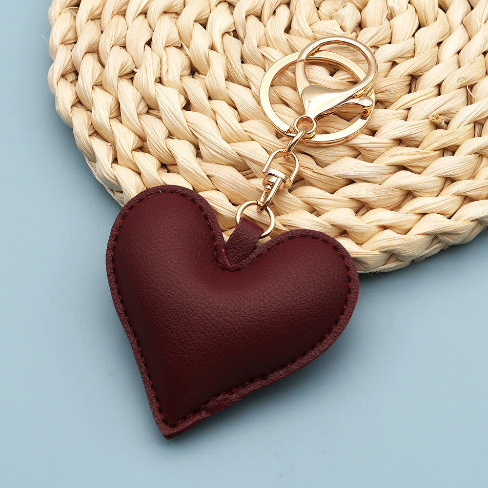 Women Fashion Creative Solid Color Leather Heart-Shaped Bag Pendant Keychain