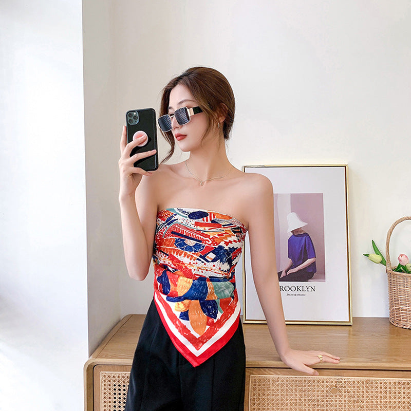 Bufanda de seda con estampado geométrico y floral de verano para mujer