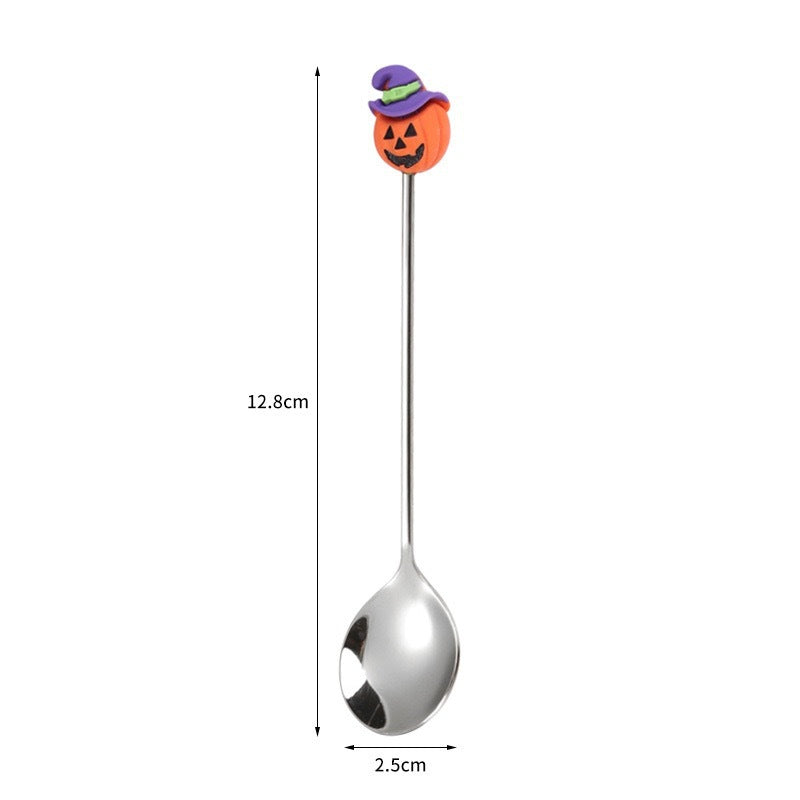 Tenedor y cuchara de acero inoxidable para postres y frutas con dibujos animados de Halloween.