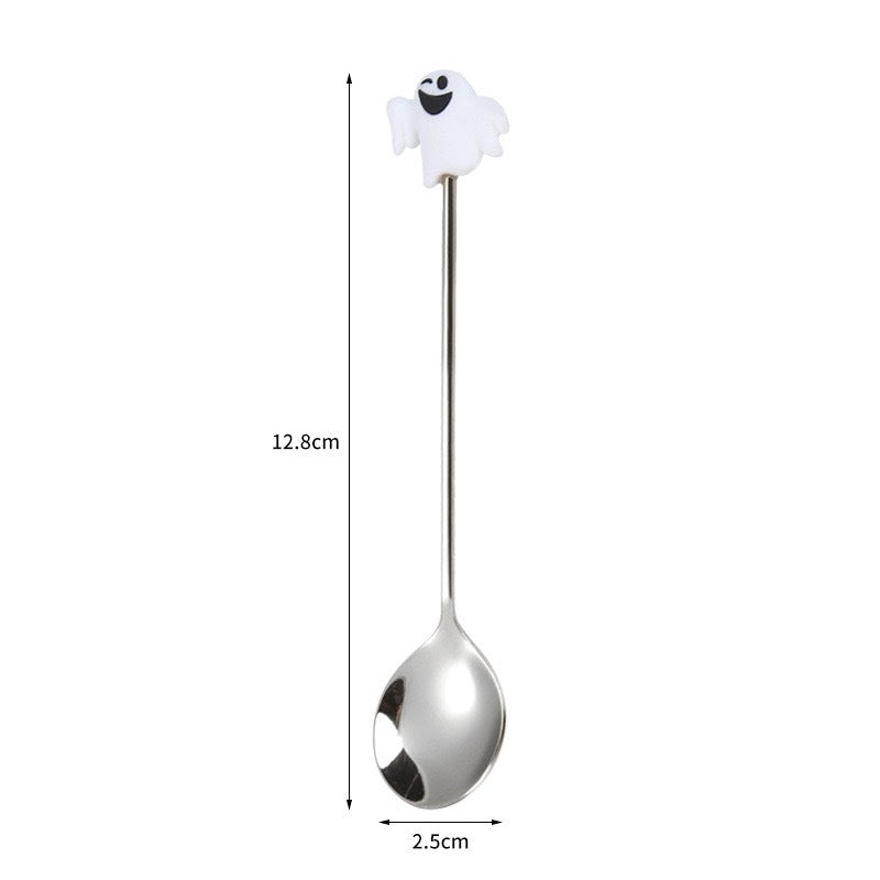 Tenedor y cuchara de acero inoxidable para postres y frutas con dibujos animados de Halloween.