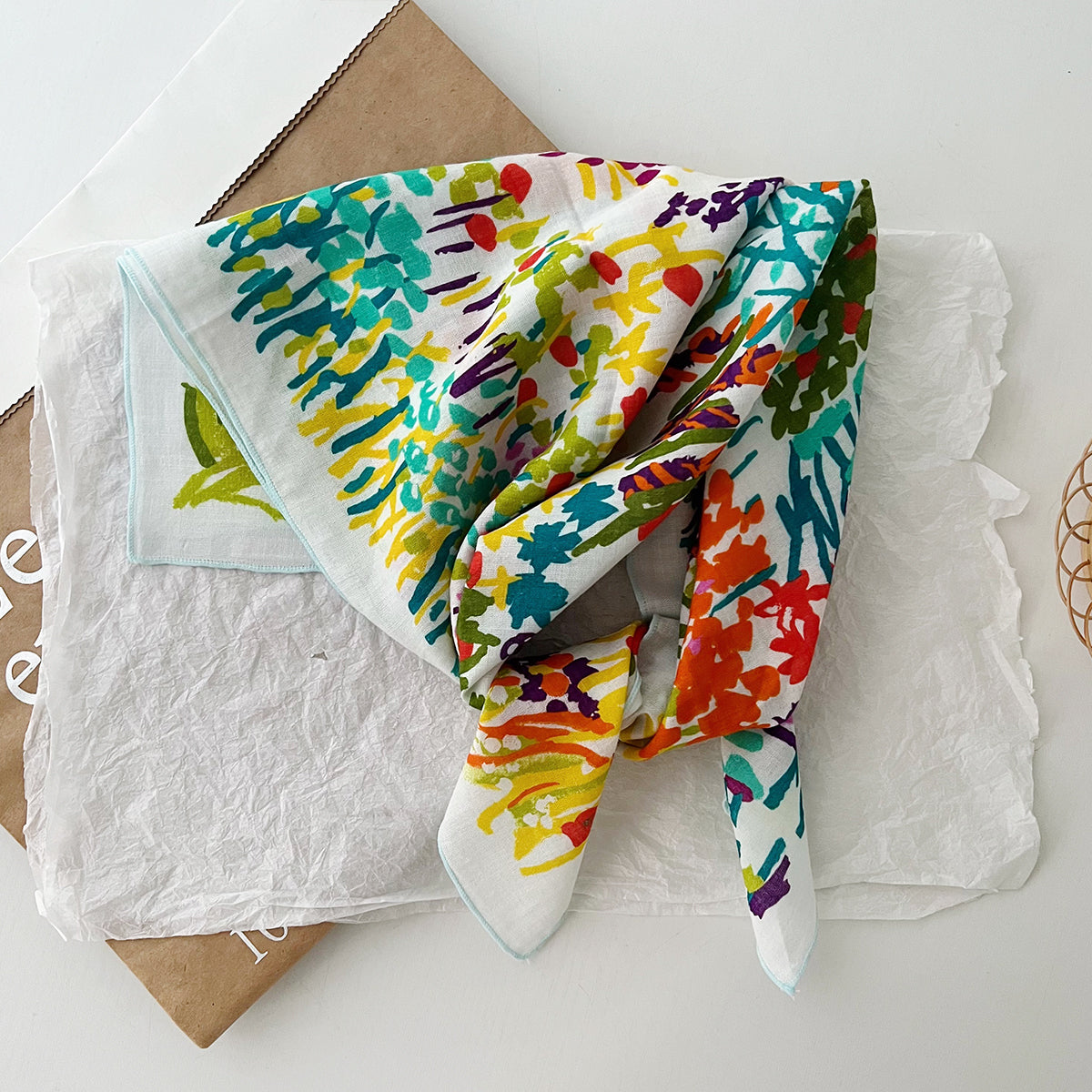Bufanda de seda cuadrada con estampado floral informal para mujer, accesorio de moda de algodón