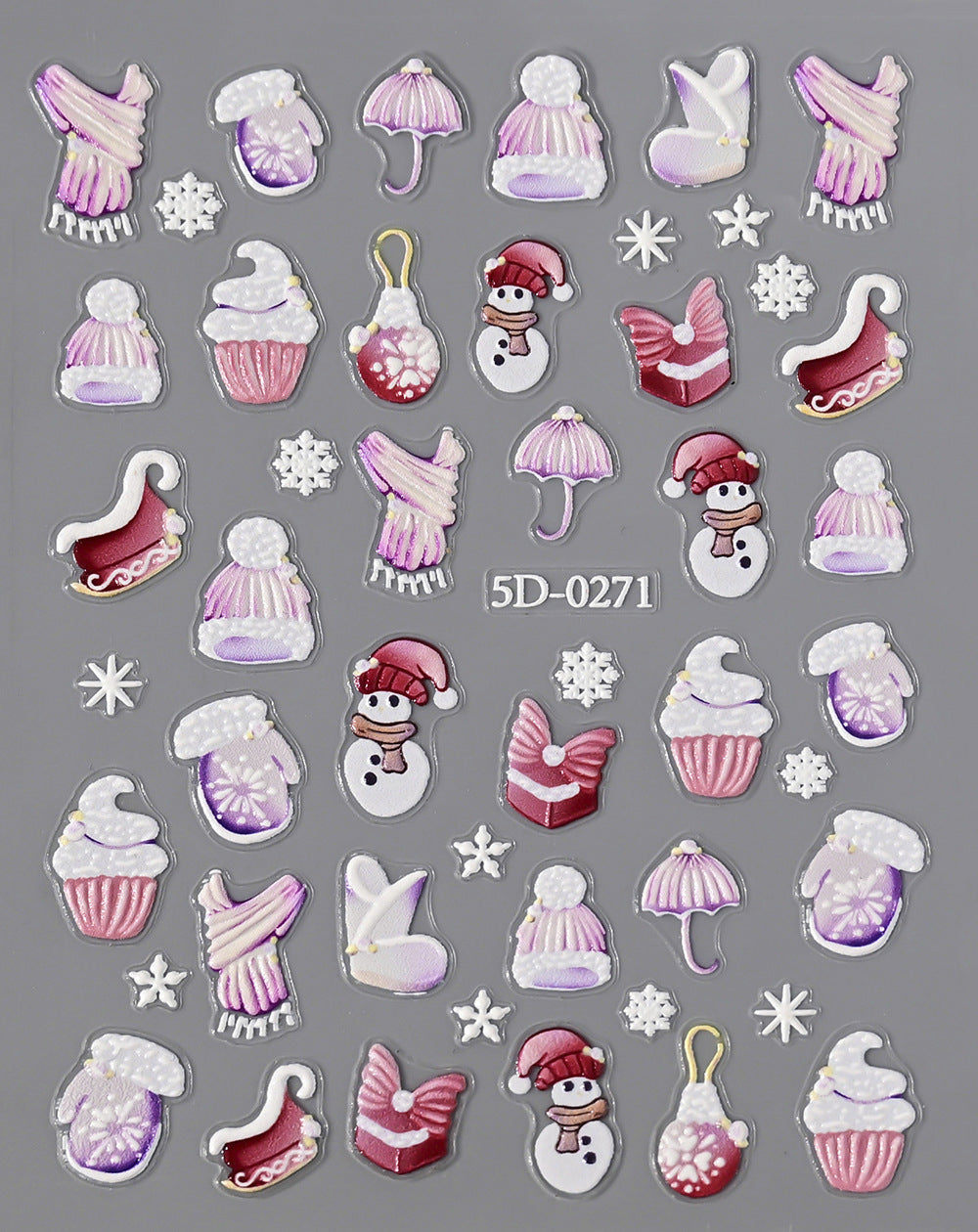 Pegatinas para uñas con relieve navideño de Papá Noel, muñeco de nieve y copos de nieve
