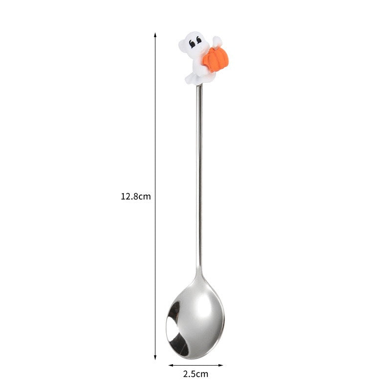 Tenedor y cuchara de acero inoxidable para postres y frutas con dibujos animados de Halloween.