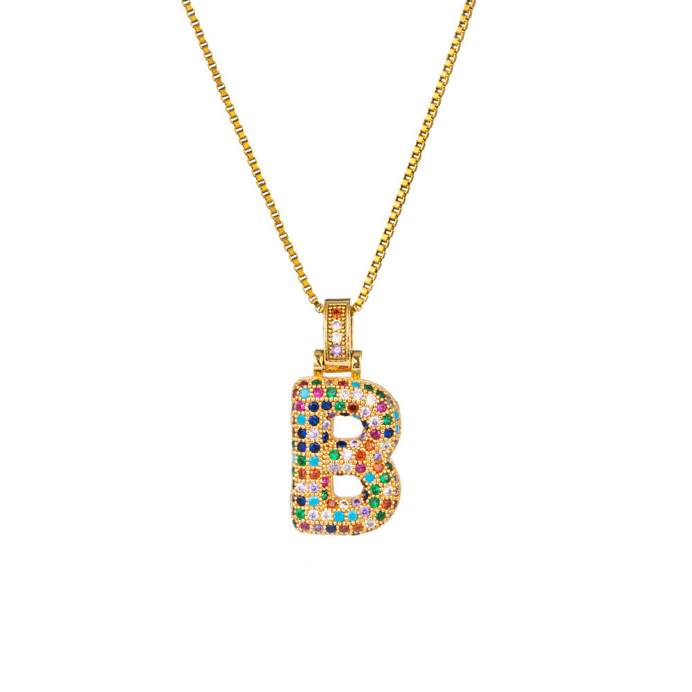 Women Multicolor Zircon Gold Alphabet Pendant Necklace Fashion Jewelry