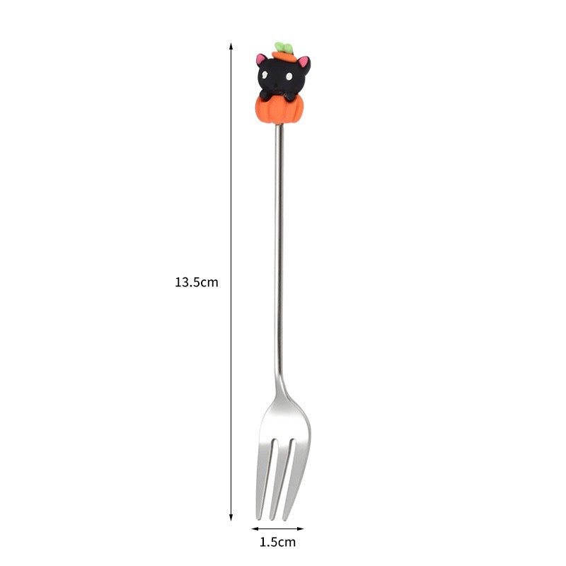 Tenedor y cuchara de acero inoxidable para postres y frutas con dibujos animados de Halloween.