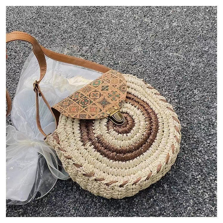 Bolso de paja redondo tejido informal bohemio