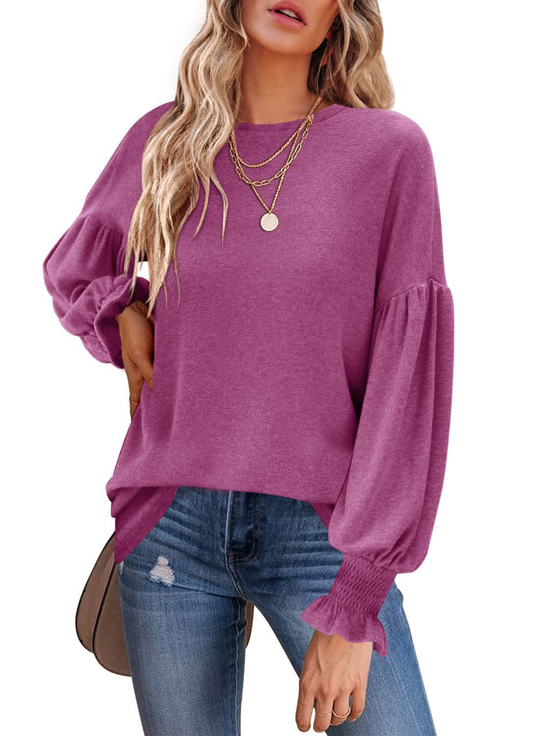 Women Fashion Casual Round Neck Lantern Sleeve Blank T-Shirt