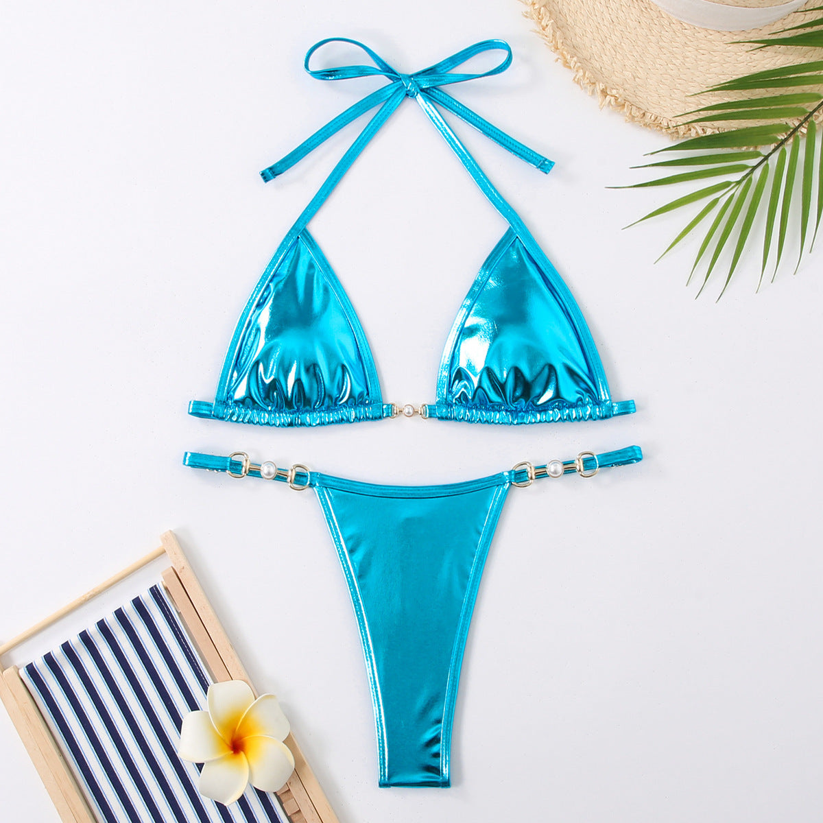 Bikini sexy de color sólido con cuello halter y cordones para mujer