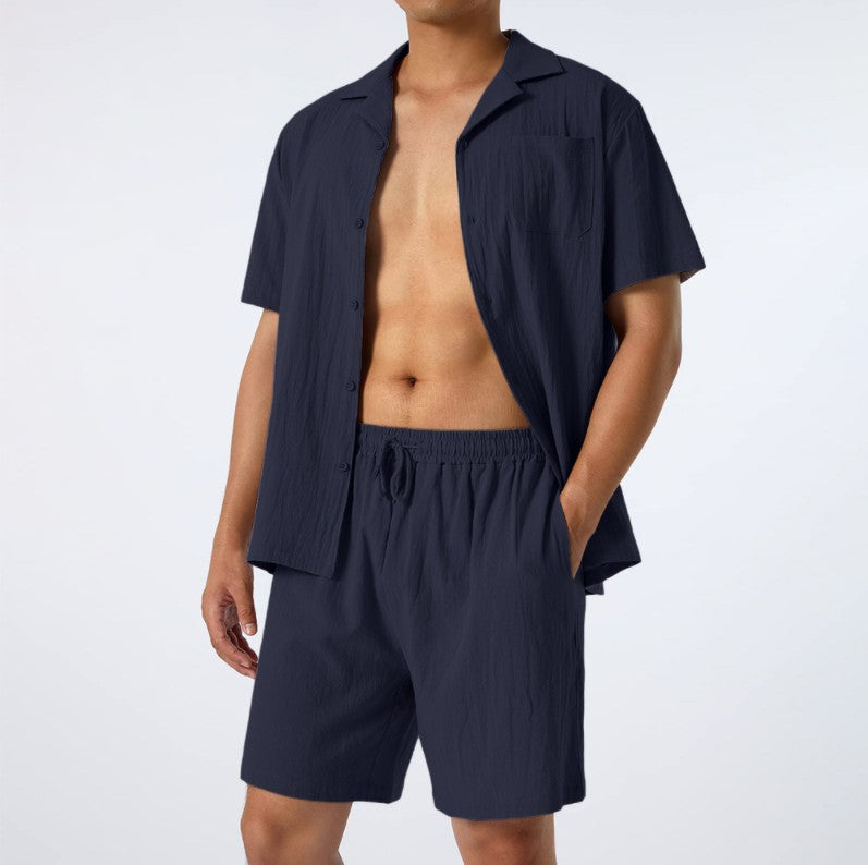 Conjunto informal de dos piezas de lino y algodón de manga corta para hombre