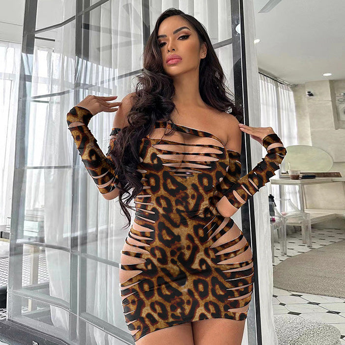 Vestido sexy de leopardo calado a la moda para mujer