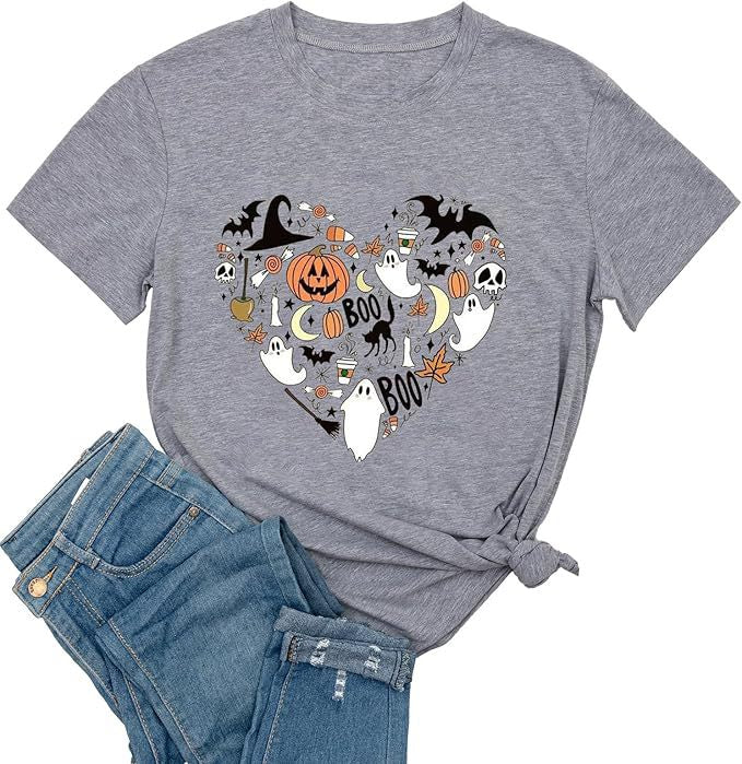 Camiseta de cuello redondo con estampado de fantasma de calabaza de Halloween para mujer