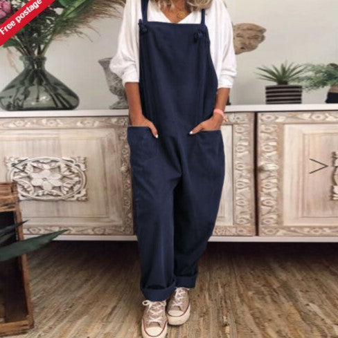 Women Casual Solid Color Cotton Linen Sleeveless Jumpsuit