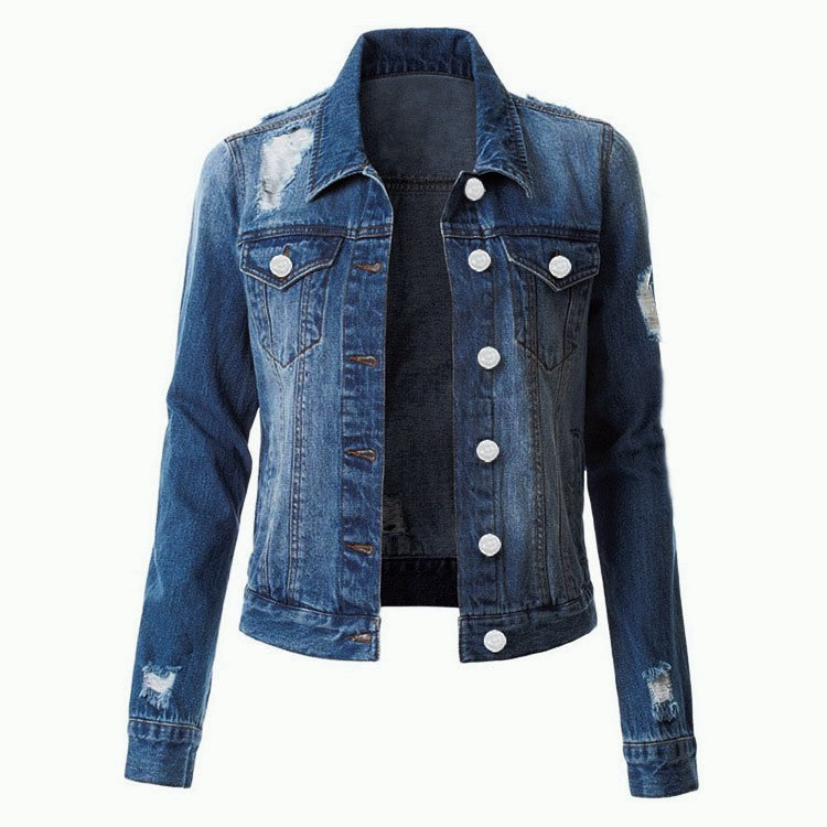 Chaqueta vaquera informal de manga larga con solapas rasgadas para mujer