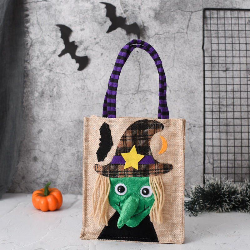 Bolsa de dulces de Halloween con forma de calabaza y bruja, no tejida