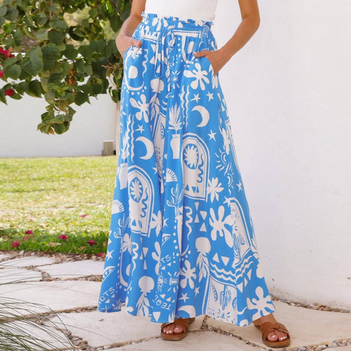Women Casual Boho Floral Printed Wide Leg Pants