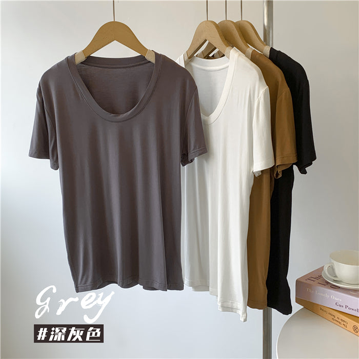 Camiseta informal de verano para mujer, color liso, con cuello en U y mangas abullonadas