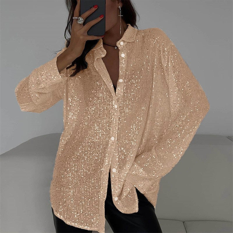 Women Fashion Casual Solid Color Sequins Long Sleeve Blouse