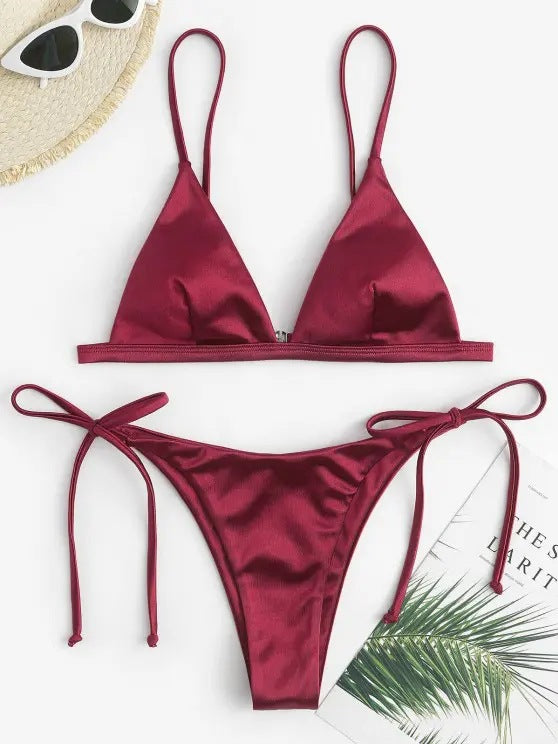 Women Fashion Sexy Solid Color Strap Bikini Swimsuit Set
