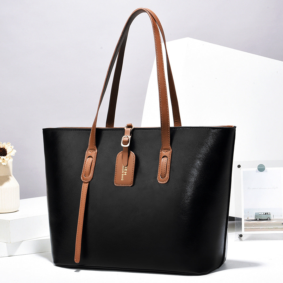 Women Color Blocking PU Leather Tote Bag