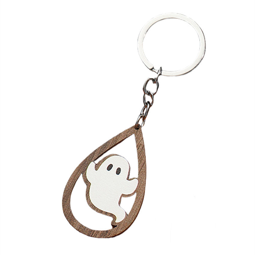 Halloween Women Cartoon Ghost Bat Pumpkin Wooden Keychain