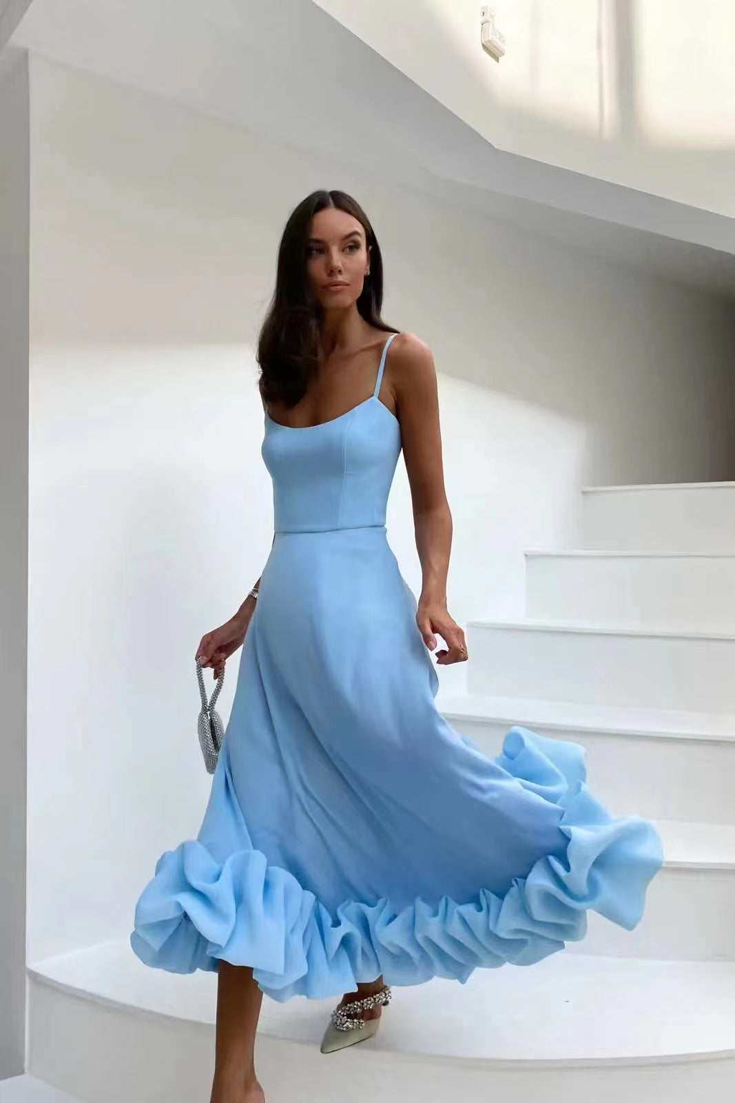 Women Fashion Elegant Solid Color Spaghetti Strap Dress