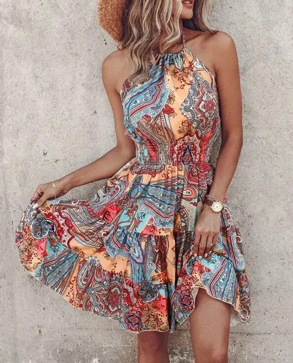 Robe bohème sans manches à col licou pour femme, mode été
