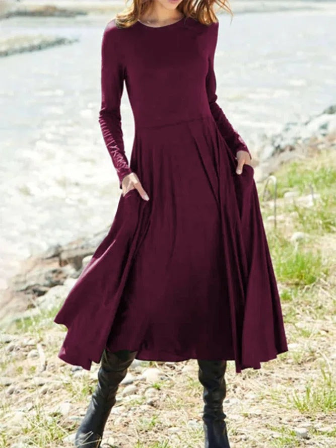 Vestido casual de manga larga con cuello redondo y color liso para mujer