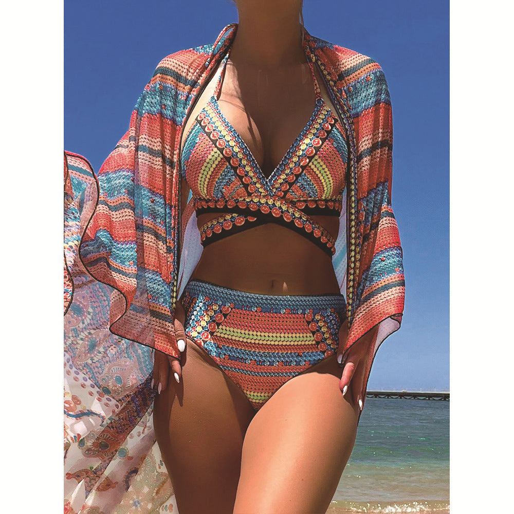 Bikini bohemio de cintura alta con cuello halter y estampado para mujer