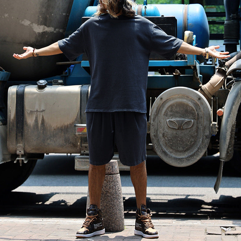 Men's Casual Solid Color Cotton Blend T-Shirt and Shorts Set